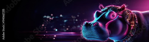 A vibrant, stylized hippo with glowing neon accents against a dark background, showcasing a unique blend of modern art and wildlife. photo