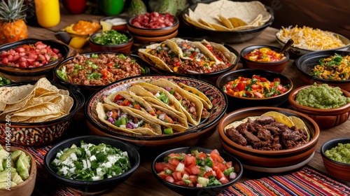 Colorful Display of Traditional Mexican Tacos and Accompaniments