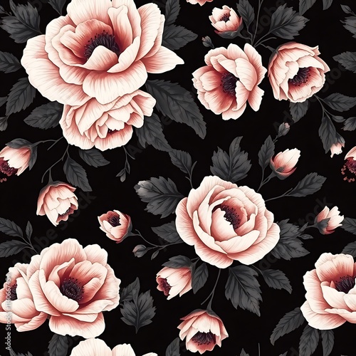 Wallpaper Mural Dark Floral Seamless Pattern: A captivating blend of elegance and mystery, this seamless pattern features delicate pink and white roses blooming against a rich black background. The soft. Torontodigital.ca