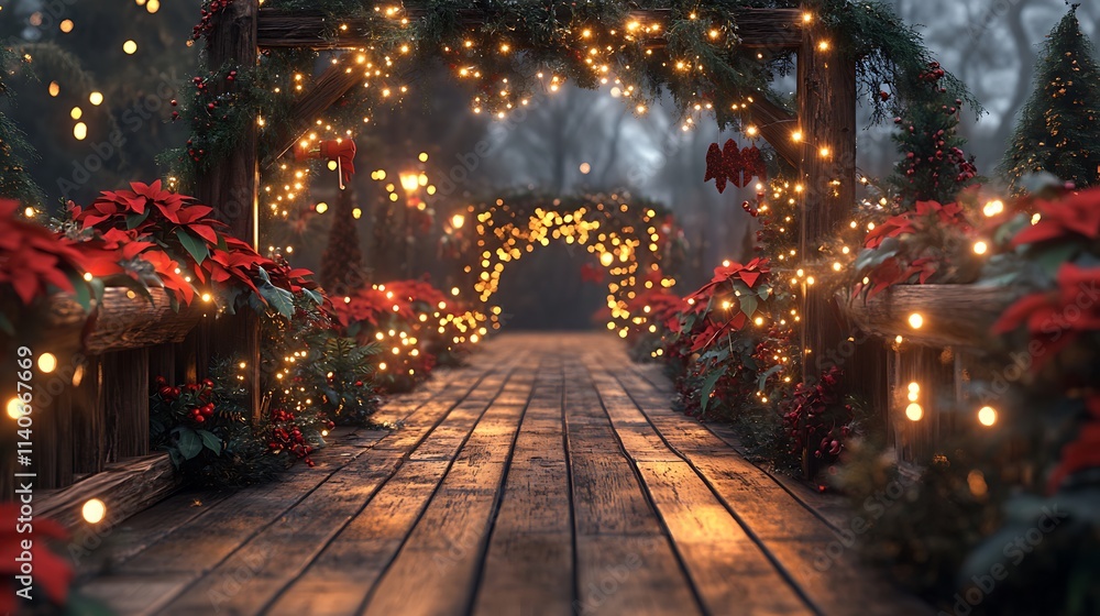 A rustic holiday walkway bathed in soft golden lighting, wooden planks framed by lush garlands and poinsettias, twinkling fairy lights adding festive magic, serene evening sky enhancing the scene, A rustic holiday walkway bathed in soft golden lighting, wooden planks framed by lush garlands and poinsettias, twinkling fairy lights adding festive magic, serene evening sky enhancing the scene,