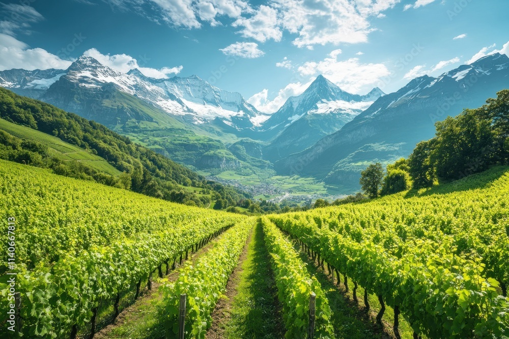 Vibrant Vineyard with Majestic Mountain Backdrop Vibrant Vineyard with Majestic Mountain Backdrop