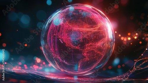 A global trade network rendered as a holographic sphere, glowing data streams, futuristic digital style, sleek, high-tech color scheme