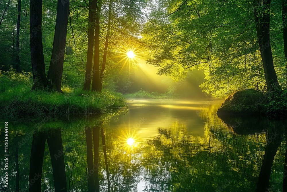 Fototapeta premium Calm forest river, sunlight filtering through trees, serene water reflection, Generative AI