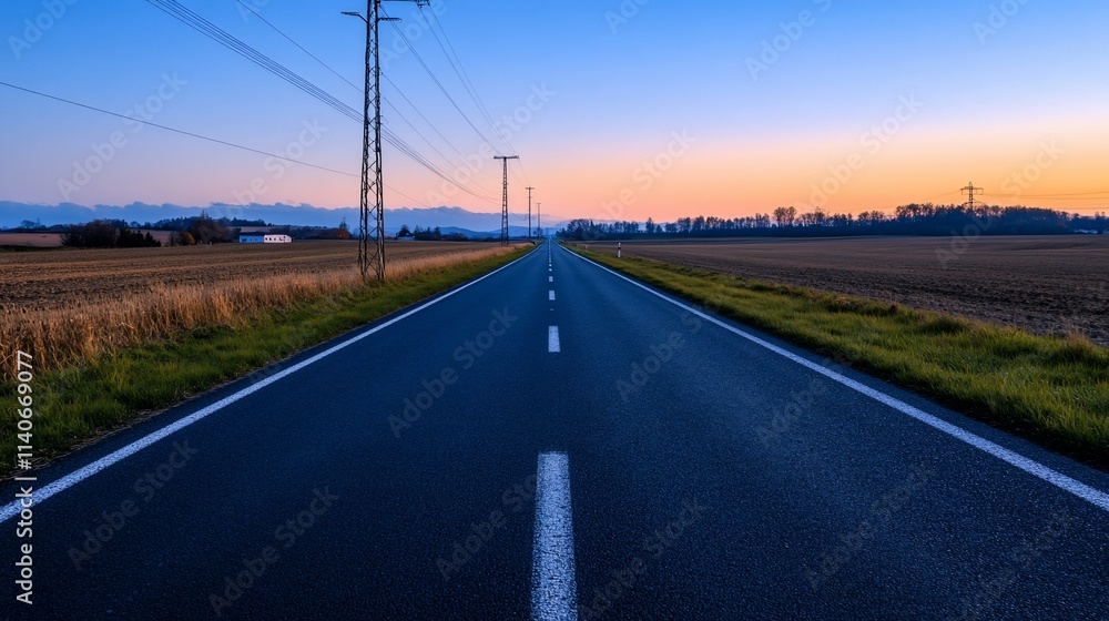 Fototapeta premium Empty asphalt road at sunset, leading to distant mountains.