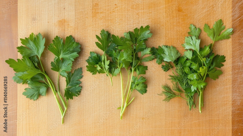 flat lay of common kitchen herbs like parsley, dill, and coriander, placed on a cutting board for a recipe.