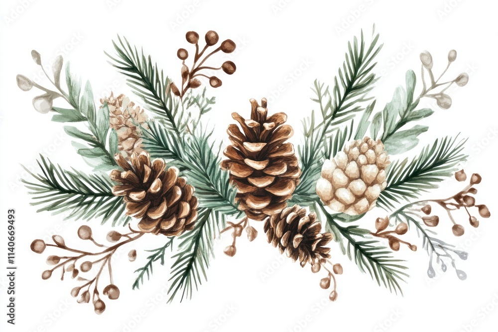 Winter Floral Frame with Pinecones and Greenery