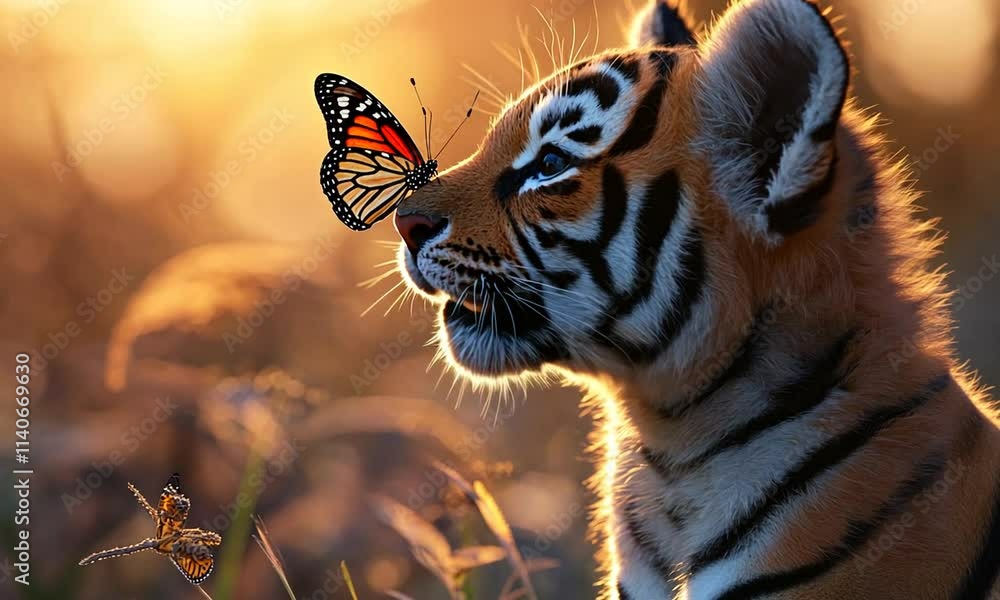 A tiger cub gazes at a butterfly in a serene sunset setting. A tiger cub gazes at a butterfly in a serene sunset setting.