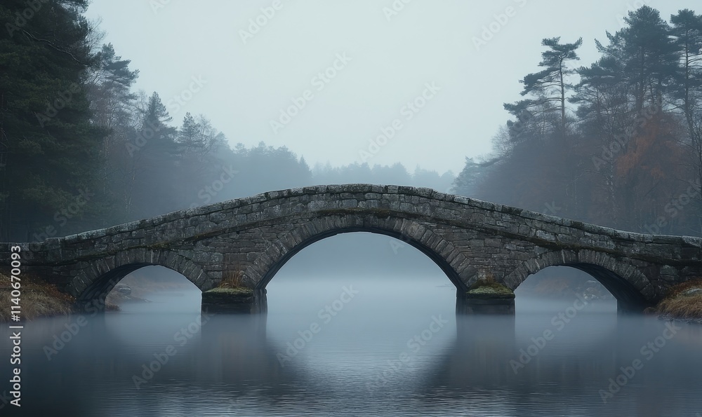 Fototapeta premium Old stone bridge over river, misty morning view, serene historical landscape, Generative AI