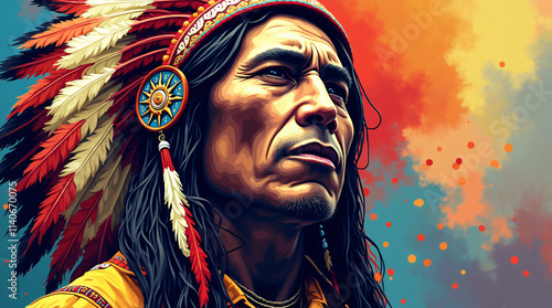 art of a native American wearing traditional headdress with feathers on his head, generative ai