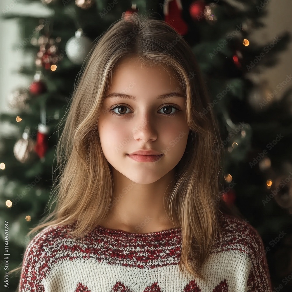 Girl in Christmas Sweater near Decorated Tree Girl in Christmas Sweater near Decorated Tree