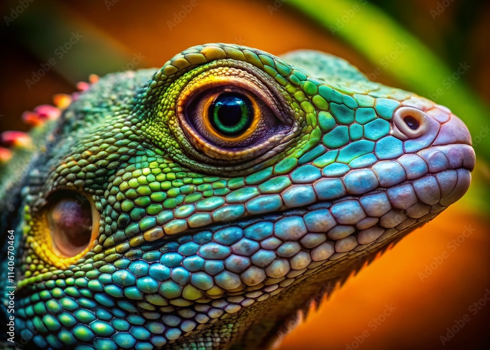 Fototapeta premium Side Profile Lizard Portrait Photography, Reptile Close Up, Scaly Skin Texture, Green Iguana, Chameleon Portrait