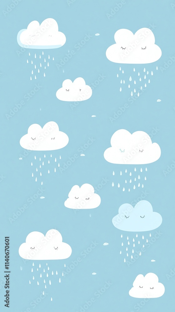 pattern of minimalist clouds and raindrops on a soft blue background pattern of minimalist clouds and raindrops on a soft blue background