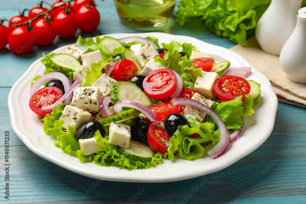 Delicious salad with feta cheese and ingredients on light blue wooden table, closeup Delicious salad with feta cheese and ingredients on light blue wooden table, closeup