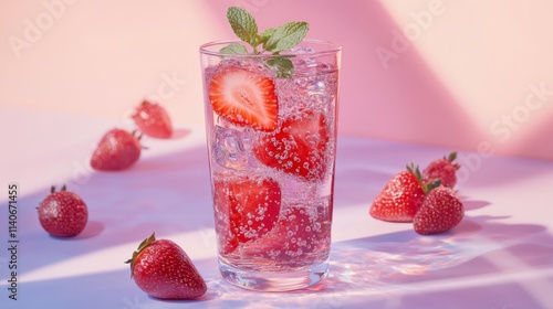 Refreshing Strawberry Sparkling Beverage in Glass with Mint