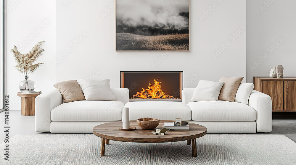Fototapeta premium Modern Living Room with Fireplace and White Sofas