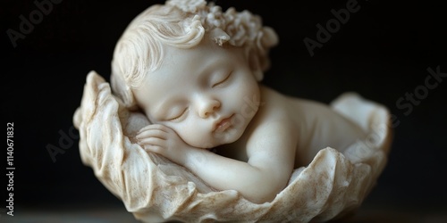 A Serene Infant Sleeping Peacefully Nested in a Delicate Carved Sculpture Resembling a Leafy Cradle with Intricate Details and Gentle Curves