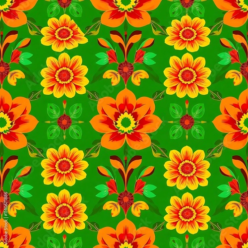 Wallpaper Mural Vibrant Floral Pattern: Lush green background, vibrant yellow, orange, and red flowers in a traditional folk art style, featuring intricate details and a seamless repeat. Torontodigital.ca