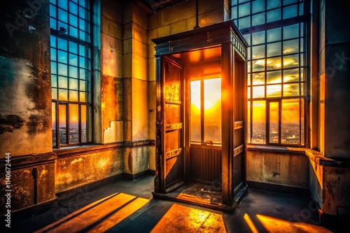 Silhouette Dumbwaiter Photography: Mysterious Elevator Shaft, Vintage Industrial Building, Dark Shadow, Backlit, Grain, Cinematic Lighting, Old Architecture, Urban Exploration