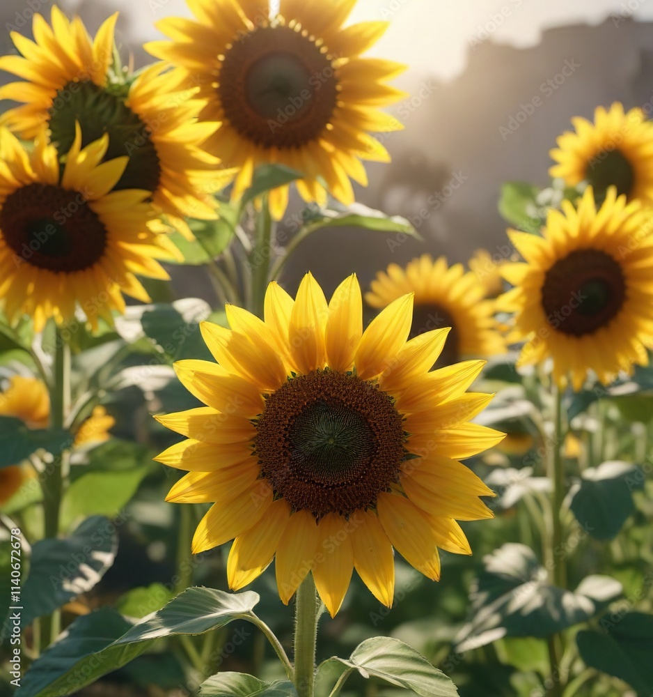 Obraz premium Sunflowers swaying gently in the breeze with their bright yellow petals shining like miniature suns, garden, nature