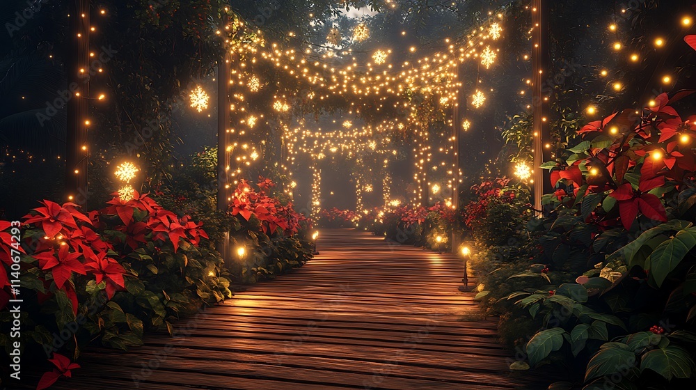 A softly lit wooden pathway glowing with golden holiday lights, lush greenery and bright poinsettias framing the walkway, festive garlands enhancing the charm, tranquil night sky adding serenity, A softly lit wooden pathway glowing with golden holiday lights, lush greenery and bright poinsettias framing the walkway, festive garlands enhancing the charm, tranquil night sky adding serenity,