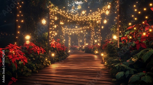 A softly lit wooden pathway glowing with golden holiday lights, lush greenery and bright poinsettias framing the walkway, festive garlands enhancing the charm, tranquil night sky adding serenity,