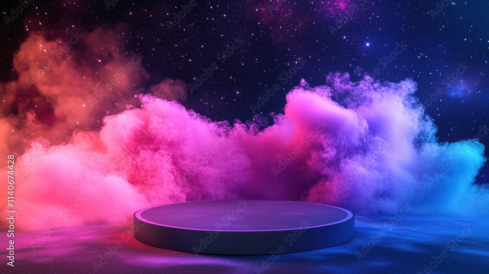 Fototapeta premium Blank round podium for product presentation with abstract colorful smoke background