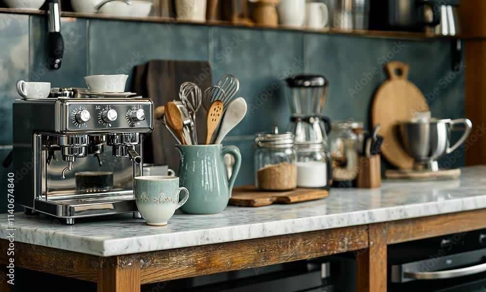 Espresso Machine and Coffee Cup on a Rustic Kitchen Counter
