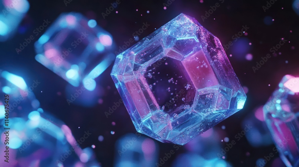 Translucent cubes float, illuminated by pink and blue lights. Translucent cubes float, illuminated by pink and blue lights.