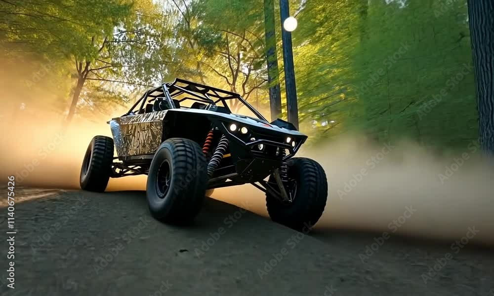 Off-road vehicle kicking up dirt in forest setting Off-road vehicle kicking up dirt in forest setting