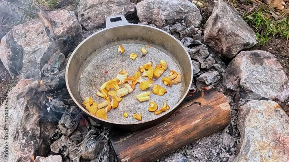 A man fries mushrooms in a pan over a campfire in the forest on a picnic A man fries mushrooms in a pan over a campfire in the forest on a picnic