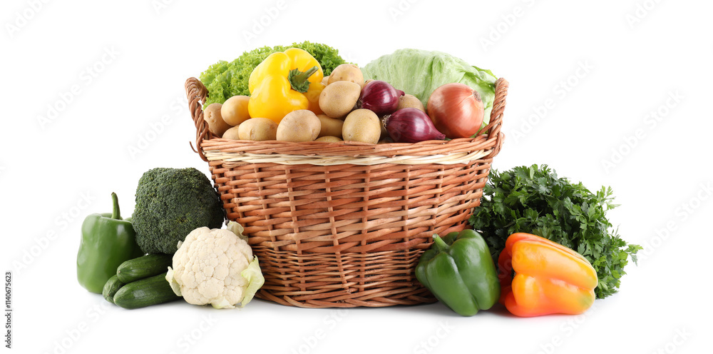 Different ripe vegetables in wicker basket isolated on white Different ripe vegetables in wicker basket isolated on white