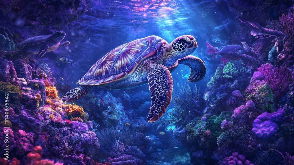 Fototapeta premium Majestic Sea Turtle Swimming Through Vibrant Coral Reef Underwater