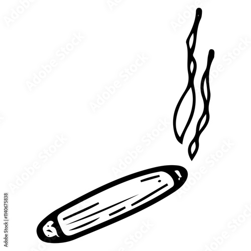 Lighted cigar hand drawn doodle. Cigarette made of rolled tobacco leaves. Smoking, smoke. Vector line art illustration.