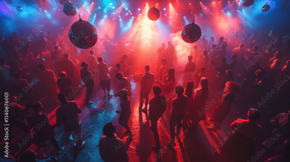 Obraz premium Disco in retro style in the middle from above a disco ball, people dancing in retro costumes.