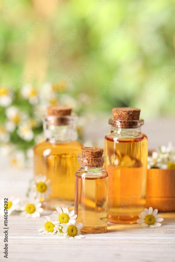 Bottles of essential oil and chamomile flowers on white wooden table against blurred background, closeup. Space for text Bottles of essential oil and chamomile flowers on white wooden table against blurred background, closeup. Space for text
