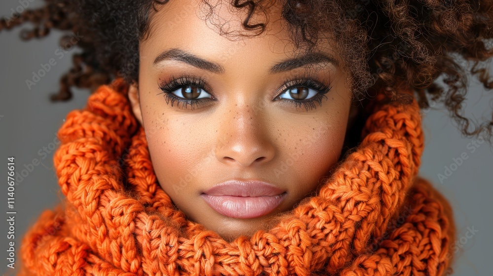 A striking portrait of an individual wearing a vibrant orange knitted scarf with a focus on facial expression showcasing natural beauty and fashion style effortlessly A striking portrait of an individual wearing a vibrant orange knitted scarf with a focus on facial expression showcasing natural beauty and fashion style effortlessly