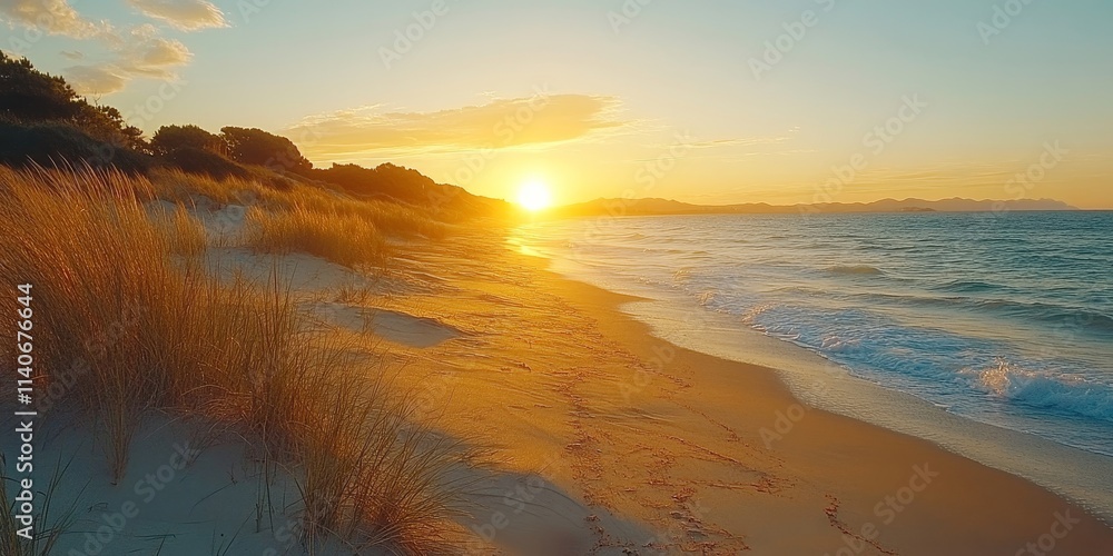 sunset over a sandy beach, Generative AI sunset over a sandy beach, Generative AI