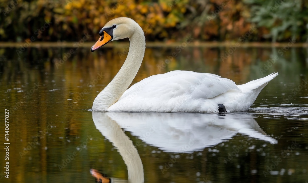 White swan swimming in calm lake, reflection in water, peaceful nature moment, Generative AI White swan swimming in calm lake, reflection in water, peaceful nature moment, Generative AI