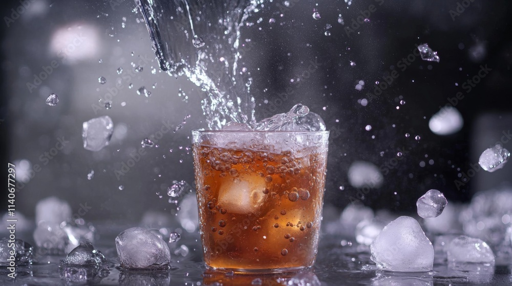 Splashing Drink with Ice Cubes and Refreshing Bubbles in Glass Splashing Drink with Ice Cubes and Refreshing Bubbles in Glass