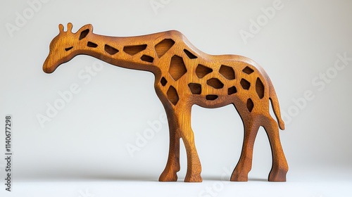 Wooden giraffe figurine, cutout design, light brown, isolated on white. photo