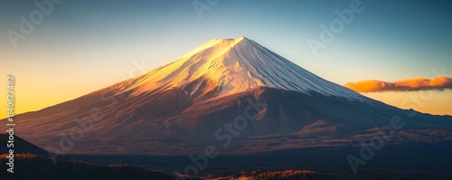Snow-capped mountain peak at sunrise, golden light on icy summit, majestic landscape, Generative AI