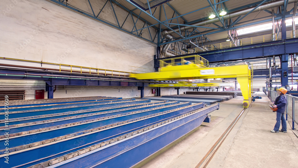Fototapeta premium Factory workshop with lifting crane device timelapse hyperlapse
