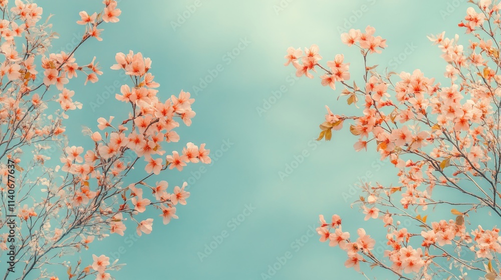 Pink cherry blossom branches against pale blue sky, delicate spring flowers in bloom, Generative AI Pink cherry blossom branches against pale blue sky, delicate spring flowers in bloom, Generative AI