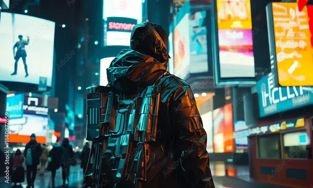 Mysterious Figure in Futuristic Cityscape at Night, Surrounded by Neon Lights and Large Digital Advertisements, Capturing a Cyberpunk Atmosphere Mysterious Figure in Futuristic Cityscape at Night, Surrounded by Neon Lights and Large Digital Advertisements, Capturing a Cyberpunk Atmosphere