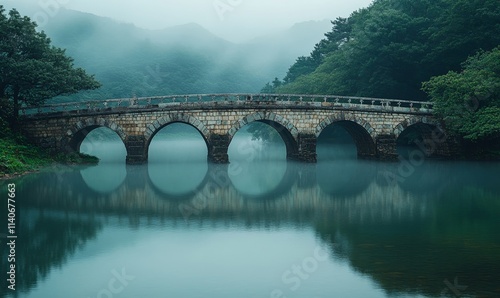 Wallpaper Mural stone bridge over river, misty morning view, serene historical landscape, Generative AI Torontodigital.ca