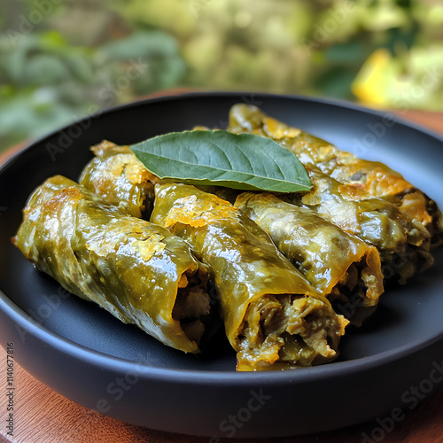 Authentic Dolmas Served on a Black Plate with Fresh Bay Leaves photo