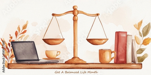 Get A Balanced Life Month watercolor illustration of a scale featuring books, plants, and coffee cups, symbolizing balancing work and rest.