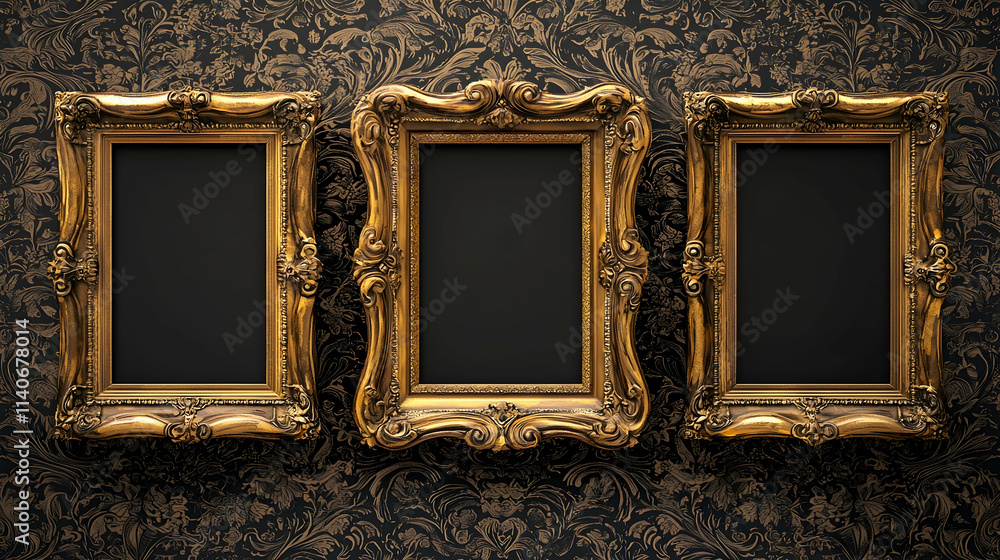 Ornate Gold Frames on Damask Wallpaper Illustration Ornate Gold Frames on Damask Wallpaper Illustration