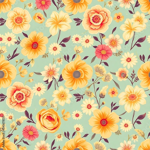 Wallpaper Mural Floral Dream: A whimsical pastel floral pattern featuring a delightful array of yellow, orange, and pink flowers on a soft teal background. Torontodigital.ca