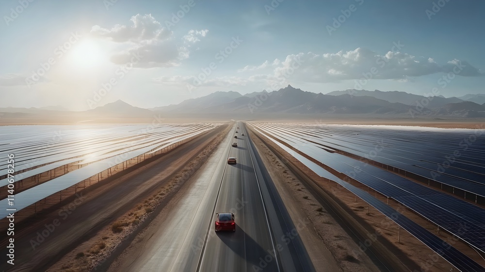 Fototapeta premium Futuristic Solar Farm Traversed by Electric Vehicles on Sprawling Desert Highway